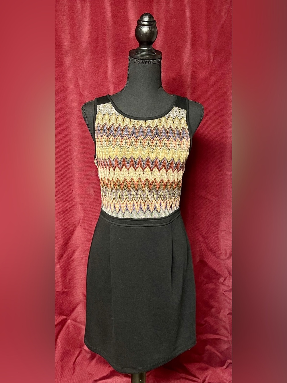 Mystree Black Dress with Multicolor Knit Bodice